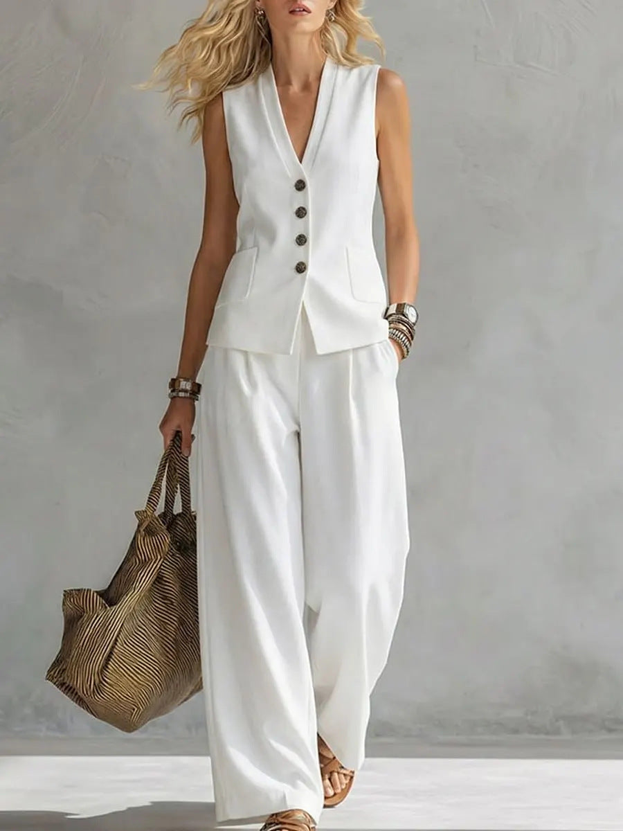 Womens Solid-Colored Sleeveless Casual Linen Tank Top And Pants Set