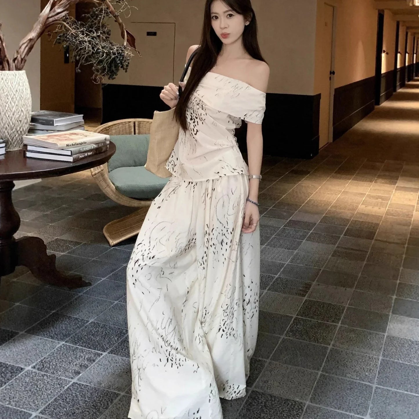Off-Shoulder Printed Top & Wide-Leg Pants Set