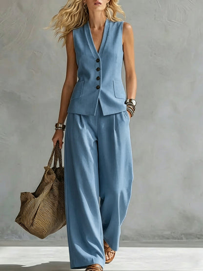 Womens Solid-Colored Sleeveless Casual Linen Tank Top And Pants Set