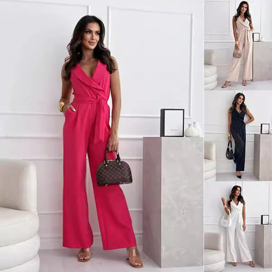 V-Neck Sleeveless Belted Jumpsuit for Women
