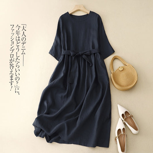 Minimalist Cotton Linen Midi Dress — Belted Elegant Swing Dress