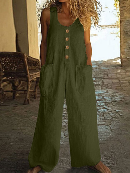 Summer New European-style Cotton-linen Wide-leg Jumpsuit For Women, Sleeveless, Buttoned Pockets, Relaxed Fit, Casual Strap Pants.
