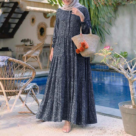 Bohemian Floral Swing Maxi Dress — Round Neck Casual