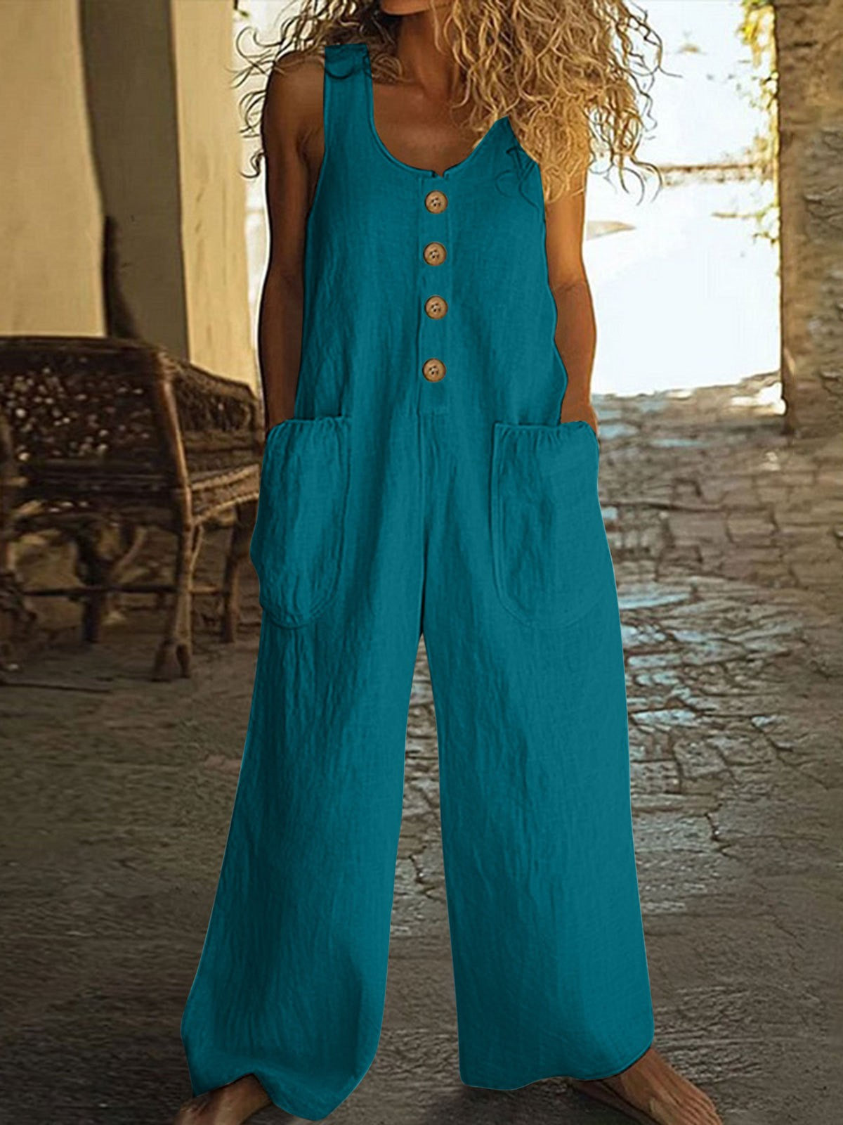 Summer New European-style Cotton-linen Wide-leg Jumpsuit For Women, Sleeveless, Buttoned Pockets, Relaxed Fit, Casual Strap Pants.