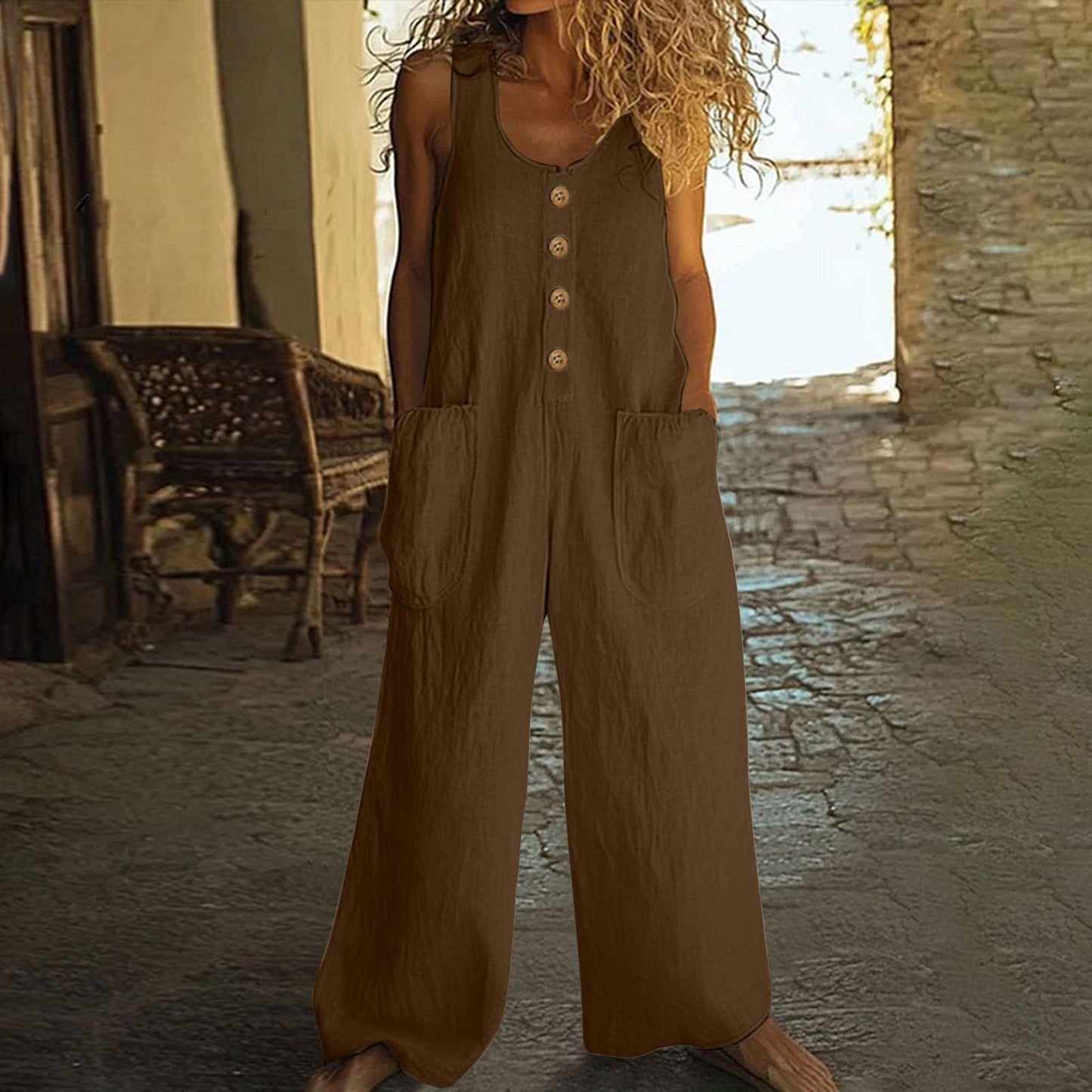 Summer New European-style Cotton-linen Wide-leg Jumpsuit For Women, Sleeveless, Buttoned Pockets, Relaxed Fit, Casual Strap Pants.