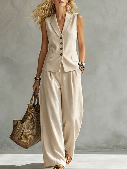 Womens Solid-Colored Sleeveless Casual Linen Tank Top And Pants Set