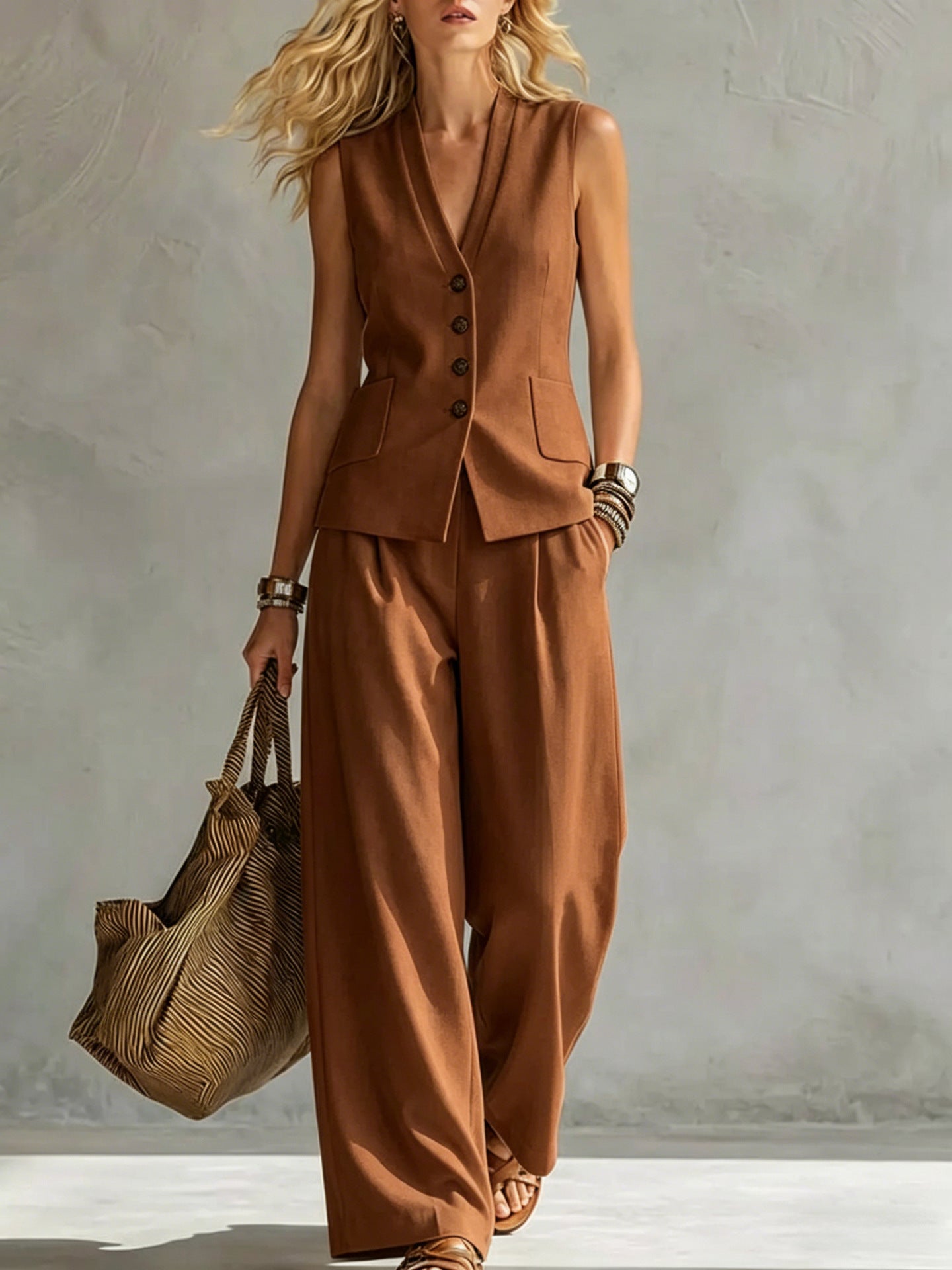 Womens Solid-Colored Sleeveless Casual Linen Tank Top And Pants Set