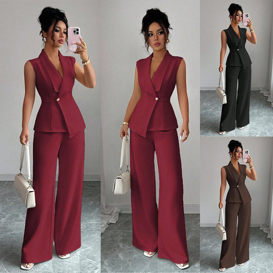Sleeveless Blazer & Straight-Leg Pants Two-Piece Set